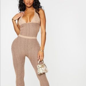 Stone Knit Underbust Detail Halterneck Jumpsuit